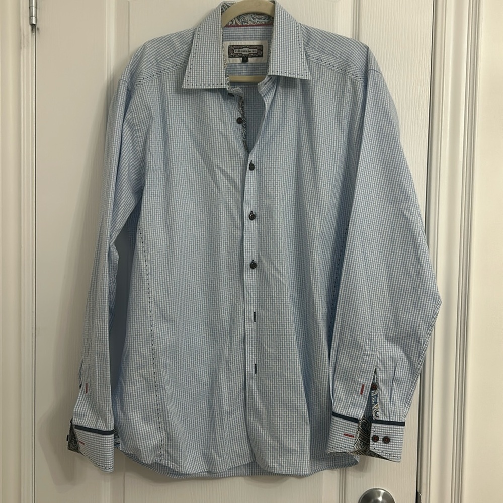 7 Downie St. Blue/white check print button down shirt w paisley trim SZ 5 (XL)